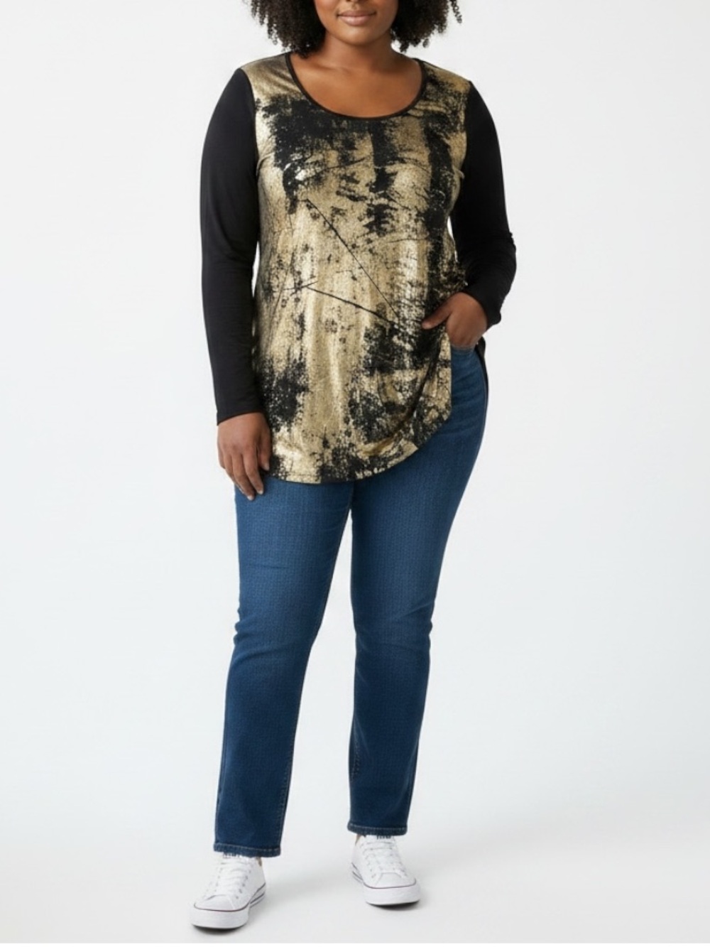 Cupio Black & Gold Metallic Scoop Neck Long Sleeve Top Women’s Size XL - Picture 3 of 5